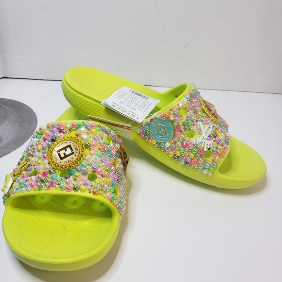 Custom Croc Slides,lime green bling size 8 - Picture 4 of 4